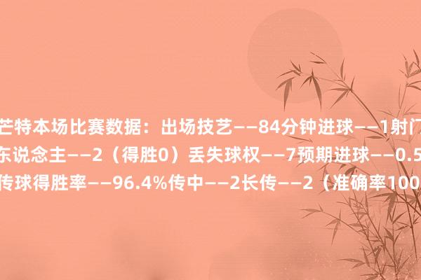 芒特本场比赛数据：出场技艺——84分钟进球——1射门——3（射正1）尝试过东说念主——2（得胜0）丢失球权——7预期进球——0.58触球——45传球——28传球得胜率——96.4%传中——2长传——2